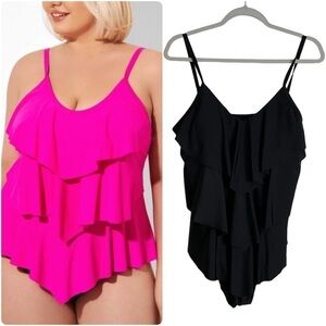Tropiculture Swimsuits for All Tiered Ruffle One Piece Swimsuit 14 Black